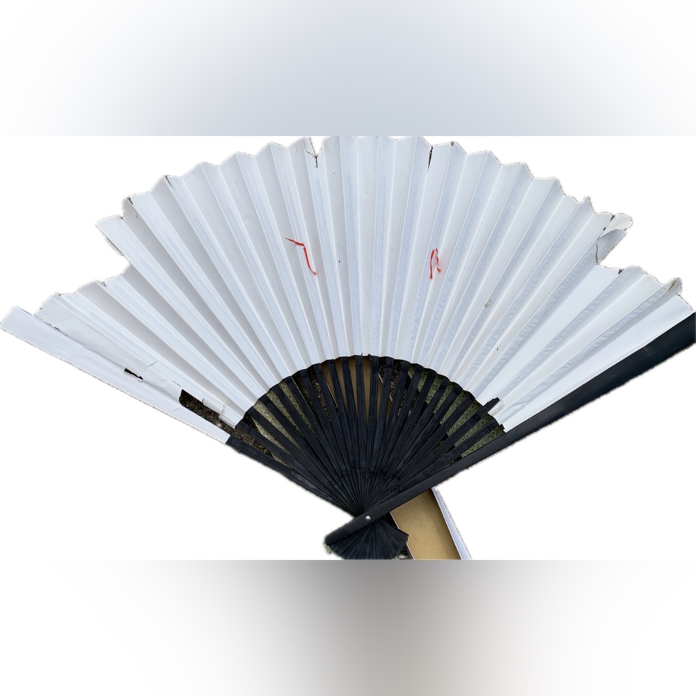 TLC Vintage Handpainted Bamboo Wall Fan 32” tall (ripped) - Picture 2 of 9